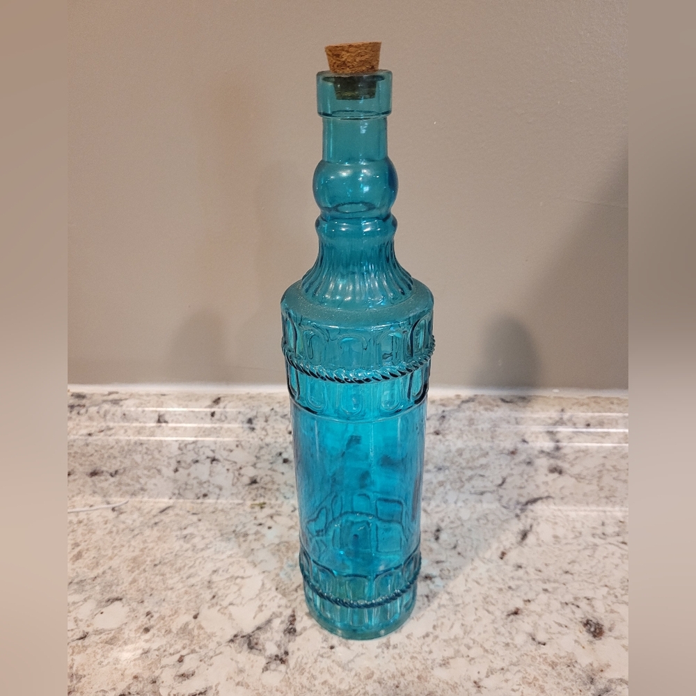 🛑Final Price 🛑 Blue Glass Bottle  w/ Cork Embossed Unique Design Decorative